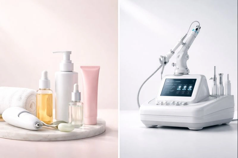 A split image showing skincare products like serums and an LED mask on one side, and a cosmetic surgery tool like a syringe on the other, with a thoughtful person in the middle.