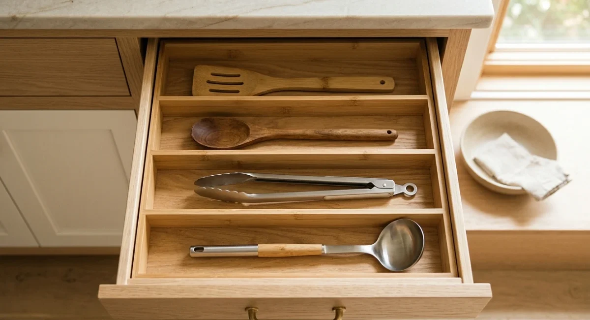 A clean open kitchen drawer with bamboo dividers showing small kitchen organization done right
