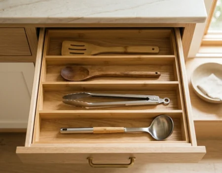 Organized small kitchen drawer with bamboo dividers separating spatulas, tongs, and cooking utensils