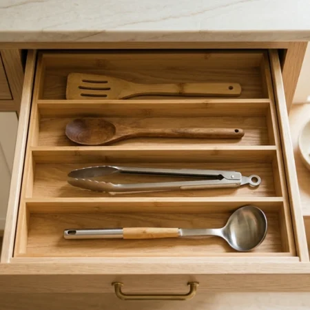 A clean open kitchen drawer with bamboo dividers showing small kitchen organization done right