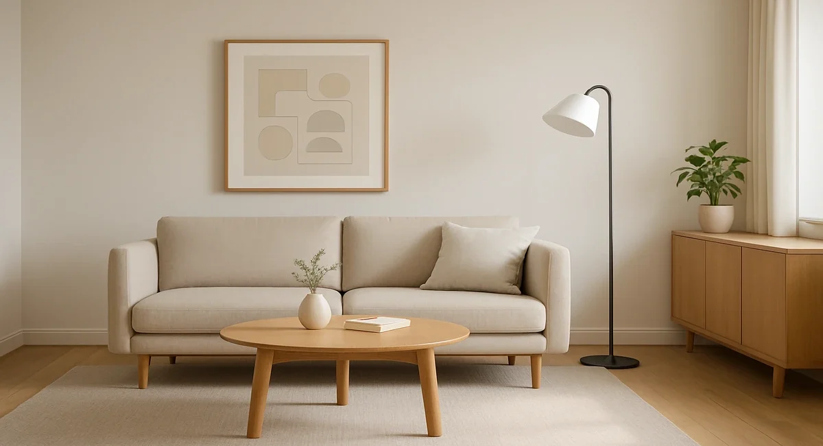 A cozy and neat small living room with a light-colored sofa pulled away from the wall, a round coffee table, and clear walkways.
