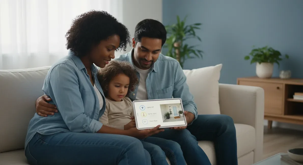 A family checks a smart home app on a tablet. They control lights, the thermostat, and a security camera.