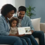 A family checks a smart home app on a tablet. They control lights, the thermostat, and a security camera.