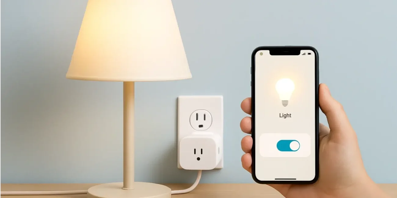 A person using a phone to turn on a table lamp plugged into a smart plug.