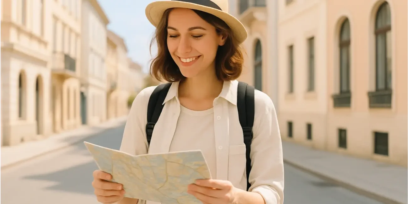 A confident solo female traveler with a backpack looks at a map on a city street. She is smiling and looks ready for adventure.