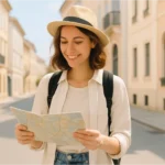 A confident solo female traveler with a backpack looks at a map on a city street. She is smiling and looks ready for adventure.