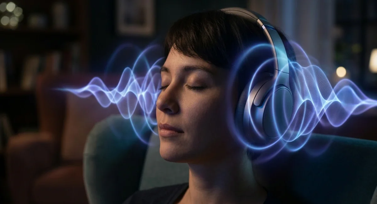 Person wearing headphones with 3D sound waves around their head showing how spatial audio works