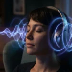 Person wearing headphones with 3D sound waves around their head showing how spatial audio works