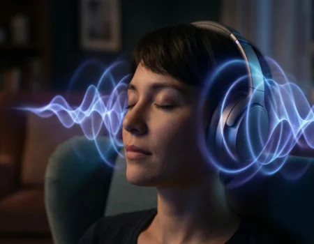 Person wearing headphones with 3D sound waves around their head showing how spatial audio works