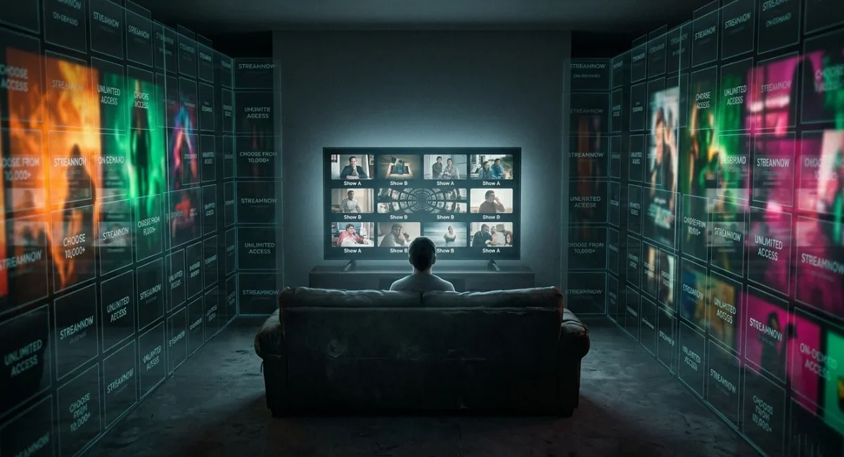 Person locked inside a Streaming Algorithm Echo Chamber watching the same shows repeat on screen