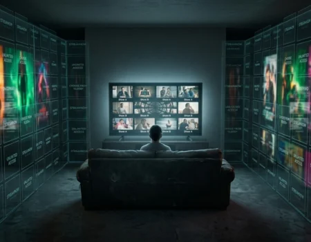 Person locked inside a Streaming Algorithm Echo Chamber watching the same shows repeat on screen