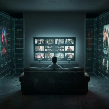 Person locked inside a Streaming Algorithm Echo Chamber watching the same shows repeat on screen