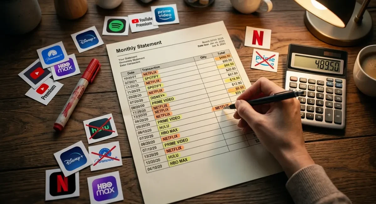 Person doing a streaming subscription audit crossing out unused services on a bank statement