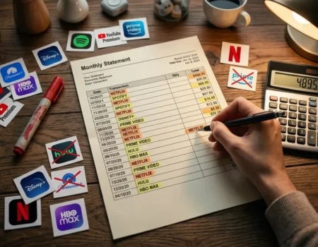 Person doing a streaming subscription audit crossing out unused services on a bank statement