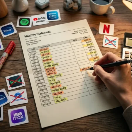 Person doing a streaming subscription audit crossing out unused services on a bank statement