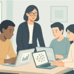 A diverse team in an office discusses a laptop screen showing data charts and AI graphics, learning new digital skills together.