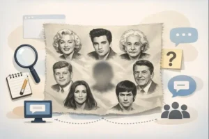 A close-up of floral fabric with eight stylized celebrity faces, including the mystery person called Celebrity Number Six.