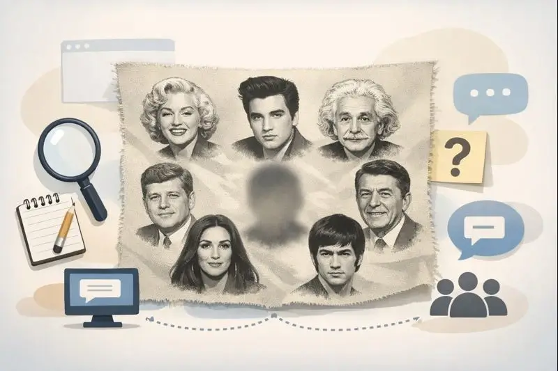 A close-up of floral fabric with eight stylized celebrity faces, including the mystery person called Celebrity Number Six.