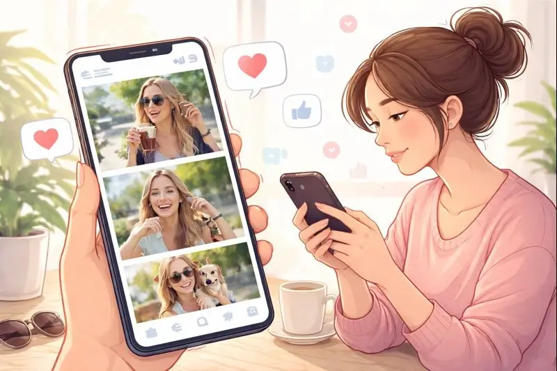 A person looking at a phone screen showing blurry paparazzi photos of a celebrity walking on the street.