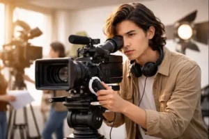 A film director looks through a movie camera on a busy set, showing the creative work behind the scenes.