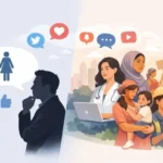 A split image showing Elon Musk on one side and diverse women of different ages and backgrounds on the other, with social media icons and debate symbols in between.