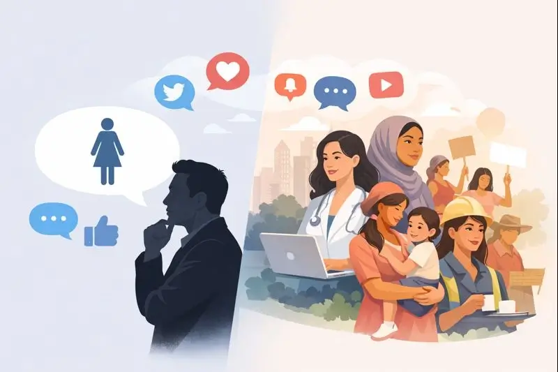 A split image showing Elon Musk on one side and diverse women of different ages and backgrounds on the other, with social media icons and debate symbols in between.