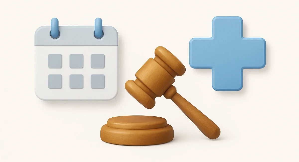 A graphic showing a calendar, a judge's gavel, and a medical symbol, representing the time it takes to heal and resolve a legal case after an accident.