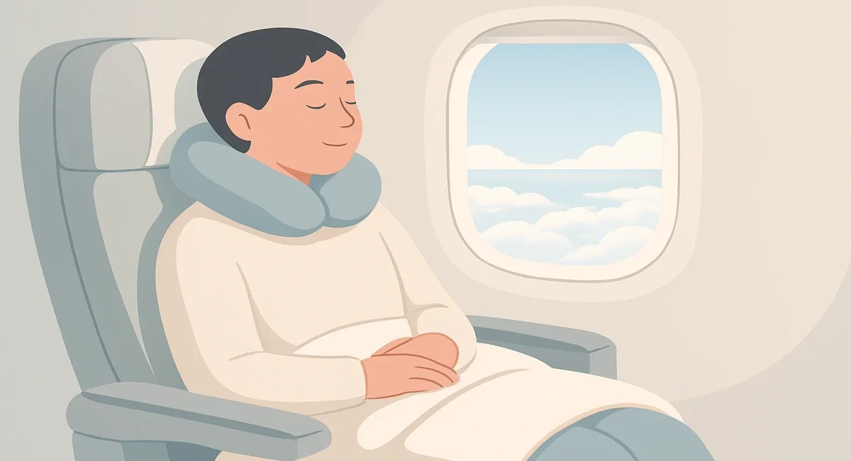 A calm and happy traveler smiling while looking out the window of an airplane during a long flight. They have a neck pillow and blanket.
