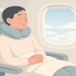 A calm and happy traveler smiling while looking out the window of an airplane during a long flight. They have a neck pillow and blanket.