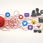 A tangled thread with social media icons, showing how online tea threads weave celebrity gossip stories.