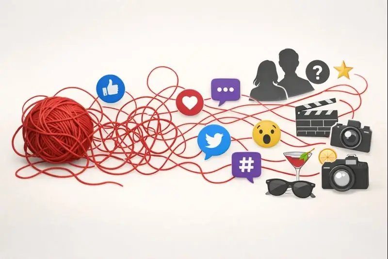 A tangled thread with social media icons, showing how online tea threads weave celebrity gossip stories.