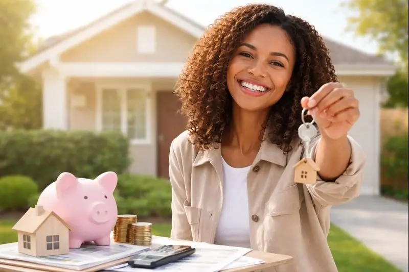 A happy person holding house keys, representing successful homeownership with down payment help.