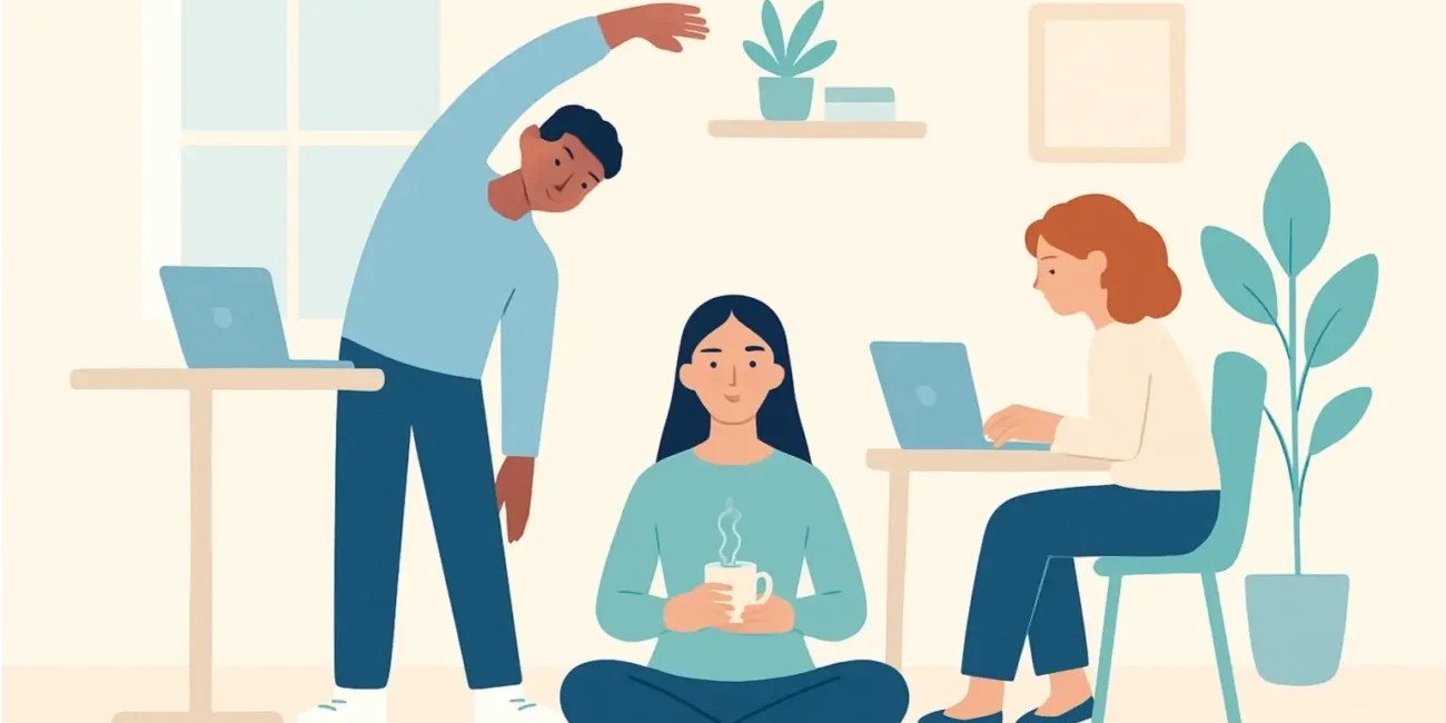 Remote team members working from home while focusing on wellness and work-life balance