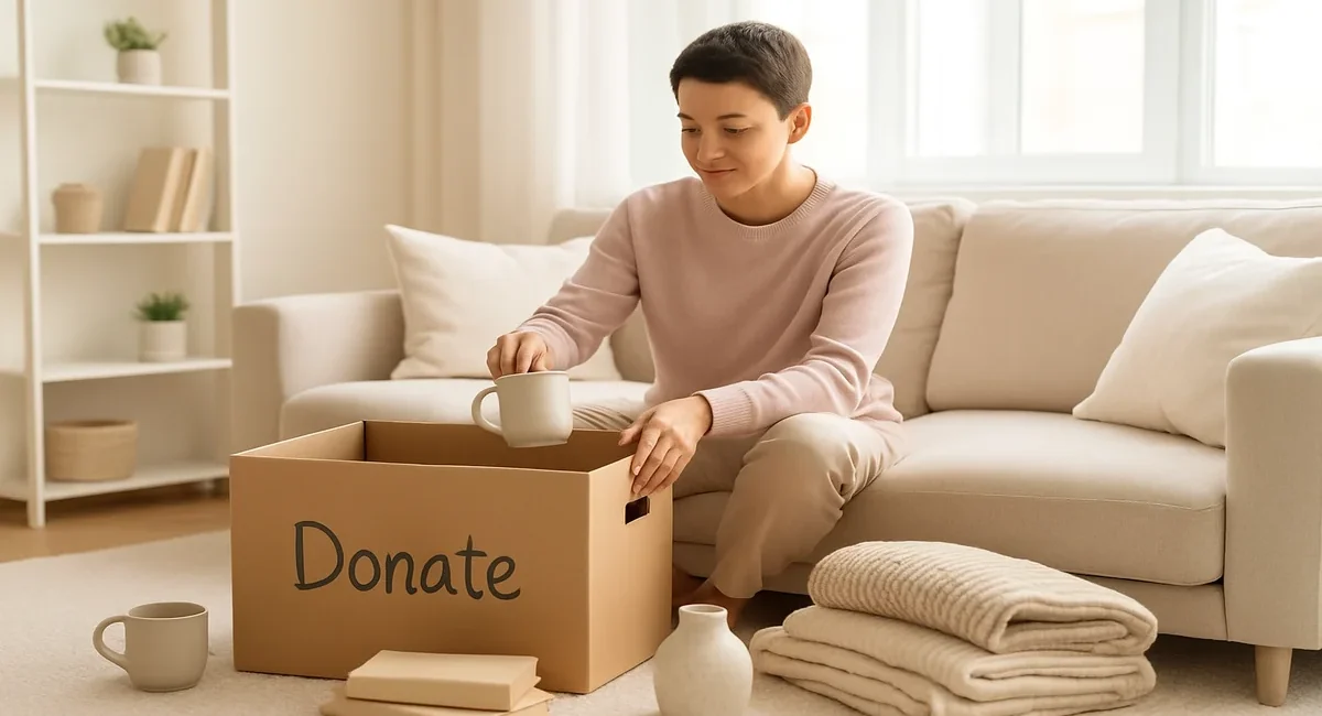A person happily decluttering a cozy living room, placing items in a donate box during spring cleaning.