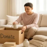 A person happily decluttering a cozy living room, placing items in a donate box during spring cleaning.