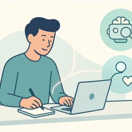 A person writing on a notepad, with a friendly robot assistant pointing at helpful tips on a computer screen next to them.