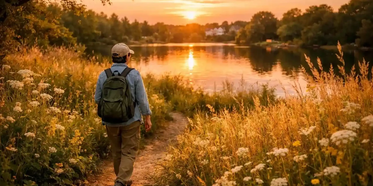 Backyard travel showing a person exploring a local area with a calm and curious mindset