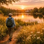 Backyard travel showing a person exploring a local area with a calm and curious mindset