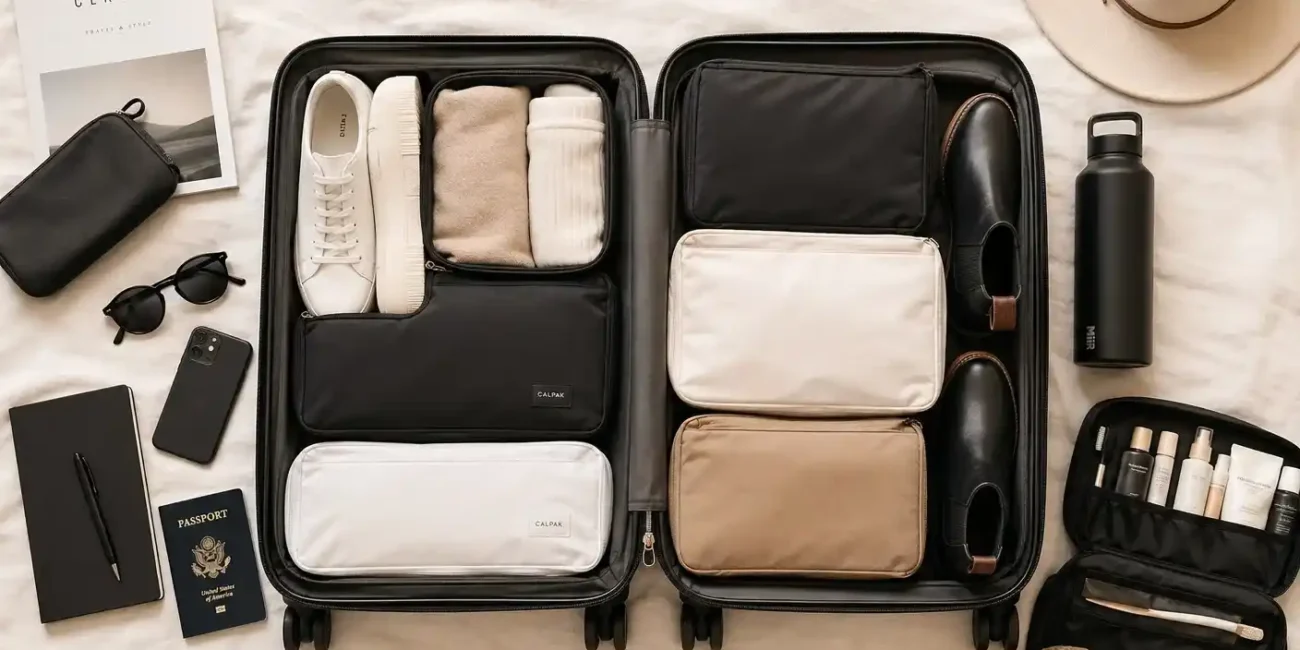 Minimalist carry-on packing for a 10-day trip with organized clothes, shoes, and travel essentials