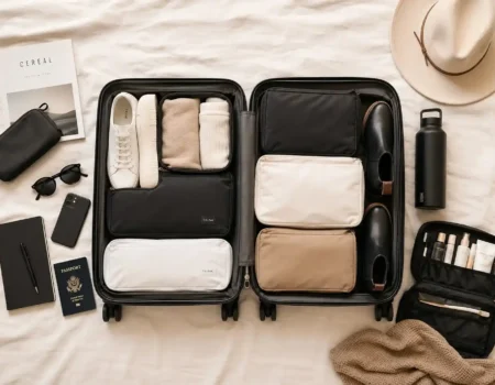 Minimalist carry-on packing for a 10-day trip with organized clothes, shoes, and travel essentials