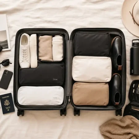 Minimalist carry-on packing for a 10-day trip with organized clothes, shoes, and travel essentials