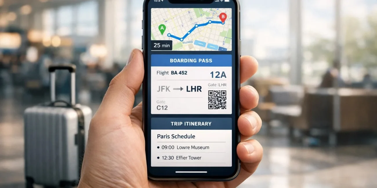 Essential travel apps on smartphone used by traveler for navigation, booking, and trip planning