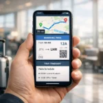 Essential travel apps on smartphone used by traveler for navigation, booking, and trip planning