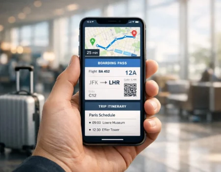 Essential travel apps on smartphone used by traveler for navigation, booking, and trip planning