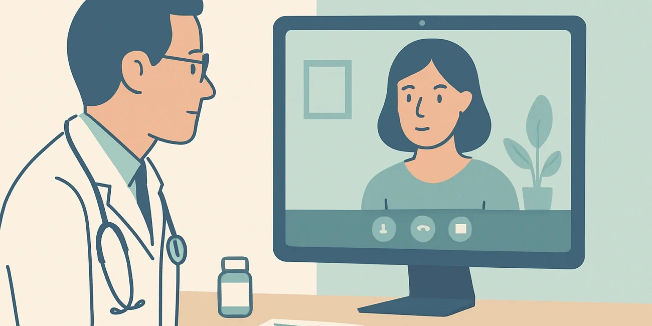 A doctor talking to a patient on a laptop during a telehealth visit, with a medicine bottle and prescription pad on the table.