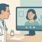 A doctor talking to a patient on a laptop during a telehealth visit, with a medicine bottle and prescription pad on the table.