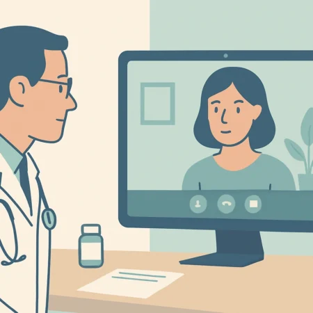 A doctor talking to a patient on a laptop during a telehealth visit, with a medicine bottle and prescription pad on the table.