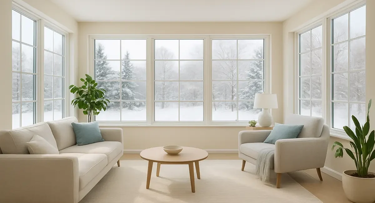 A finished four-season room with comfortable chairs and a coffee table, showing large windows looking out to a backyard in winter.