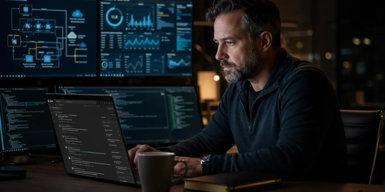 CTO analyzing Reddit discussions on a laptop to gather insights for strategic technology decisions.