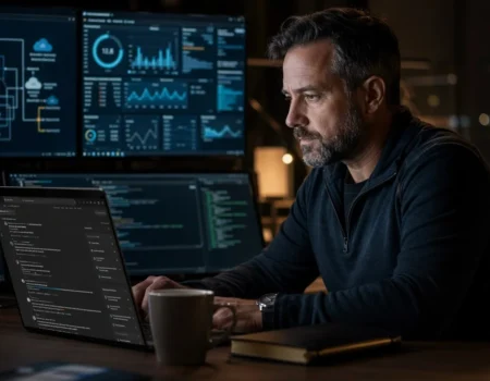 CTO analyzing Reddit discussions on a laptop to gather insights for strategic technology decisions.